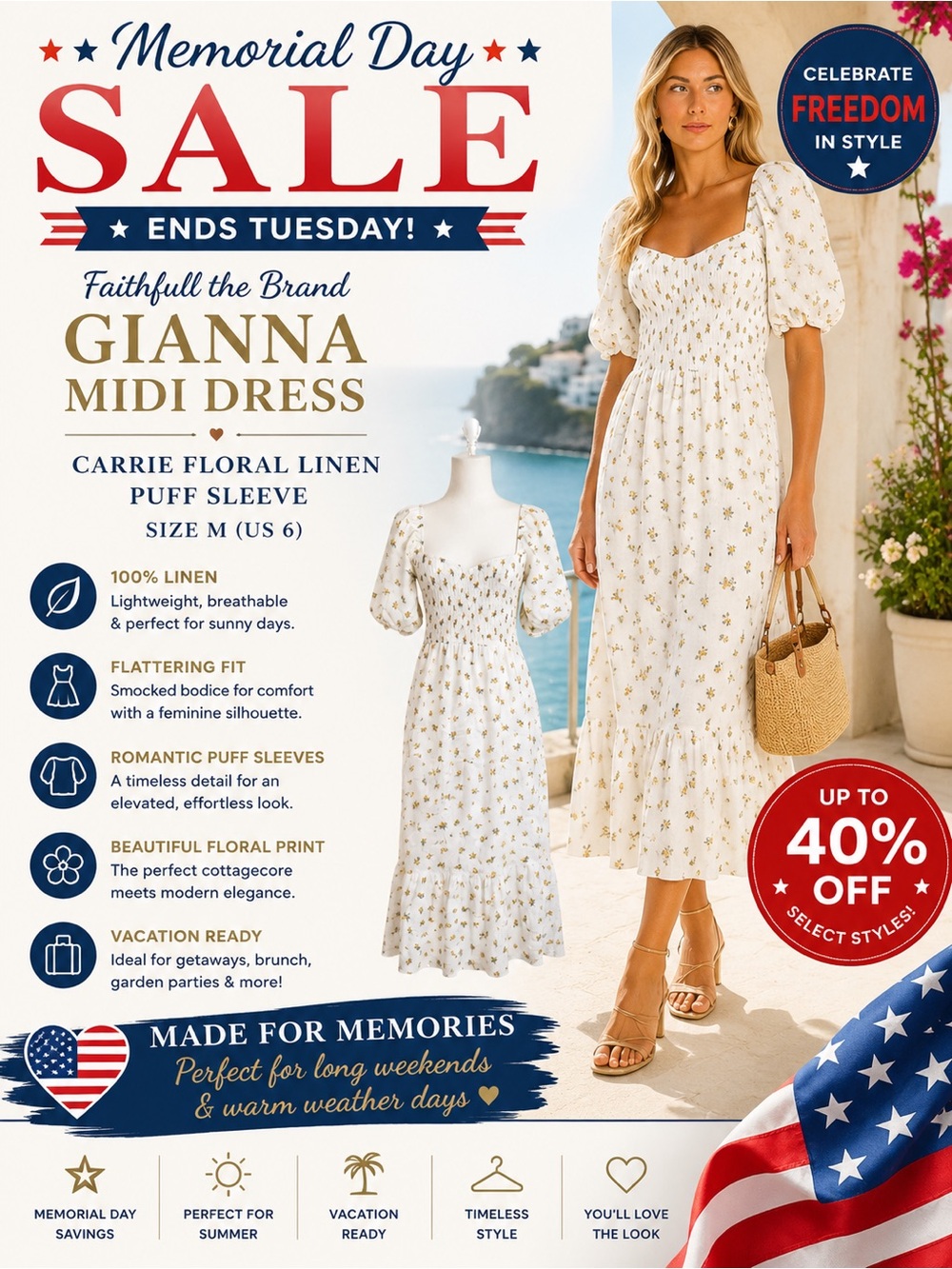 Faithfull The Brand Gianna Midi Dress Carrie Floral Linen Puff Sleeve M US 6